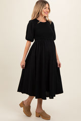 Black Ribbed Bodice Puff Sleeve Maternity Midi Dress