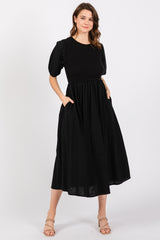 Black Ribbed Bodice Puff Sleeve Maternity Midi Dress