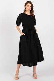 Black Ribbed Bodice Puff Sleeve Midi Dress