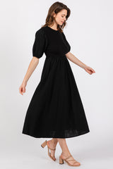 Black Ribbed Bodice Puff Sleeve Midi Dress