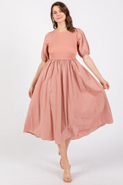 Peach Ribbed Bodice Puff Sleeve Midi Dress