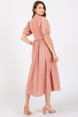 Peach Ribbed Bodice Puff Sleeve Midi Dress