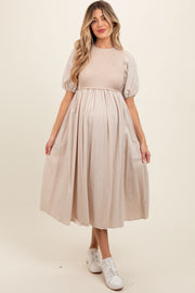 Beige Ribbed Bodice Puff Sleeve Maternity Midi Dress