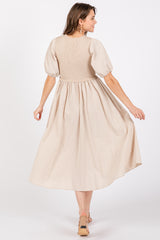 Beige Ribbed Bodice Puff Sleeve Midi Dress