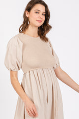 Beige Ribbed Bodice Puff Sleeve Midi Dress