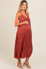 Rust Crinkle V-Neck Cross Back Maternity Midi Dress