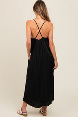 Black Crinkle V-Neck Cross Back Midi Dress