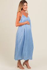 Light Blue Crinkle V-Neck Cross Back Maternity Midi Dress