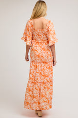 Orange Floral Smocked V-Neck Ruffle Tiered Maternity Maxi Dress