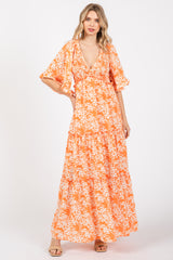 Orange Floral Smocked V-Neck Ruffle Tiered Maxi Dress