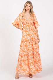 Orange Floral Smocked V-Neck Ruffle Tiered Maxi Dress