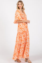 Orange Floral Smocked V-Neck Ruffle Tiered Maxi Dress