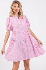 Pink Striped Button Down Tiered Dress