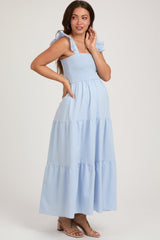 Light Blue Sleeveless Smocked Tiered Maternity Maxi Dress