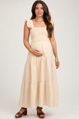 Taupe Sleeveless Smocked Tiered Maternity Maxi Dress