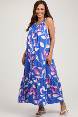 Blue Halter Leaf Print Maternity Midi Dress