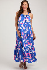 Blue Halter Leaf Print Maternity Midi Dress