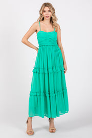 Green Sleeveless Pleated Ruffle Tiered Midi Dress