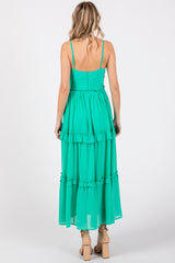 Green Sleeveless Pleated Ruffle Tiered Midi Dress