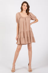 Mocha Ribbon Back Detail Puff Sleeve Mini Dress