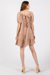 Mocha Ribbon Back Detail Puff Sleeve Mini Dress