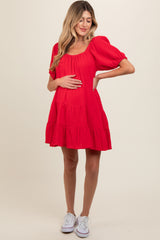 Red Ribbon Back Detail Puff Sleeve Maternity Mini Dress