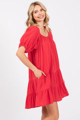 Red Ribbon Back Detail Puff Sleeve Mini Dress