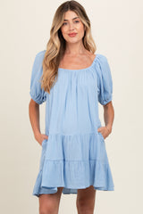 Light Blue Ribbon Back Detail Puff Sleeve Maternity Mini Dress