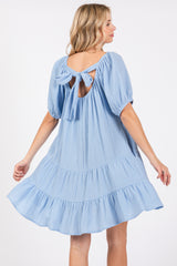 Light Blue Ribbon Back Detail Puff Sleeve Mini Dress