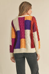 Ivory Fuchsia Multi Color Block Cable Knit Sweater