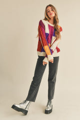 Ivory Fuchsia Multi Color Block Cable Knit Sweater