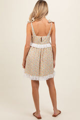 Cream Floral Square Neck Shoulder Tie Lace Trim Maternity Dress