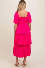 Fuchsia Smocked Body Ruffled Tiered Maternity Dress