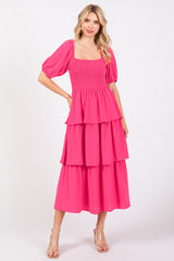 Fuchsia Smocked Body Ruffled Tiered Maternity Dress