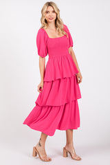 Fuchsia Smocked Body Ruffled Tiered Dress