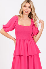 Fuchsia Smocked Body Ruffled Tiered Dress