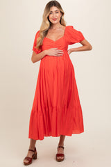 Red Front Ruched Smocked Puff Sleeve Maternity Dress