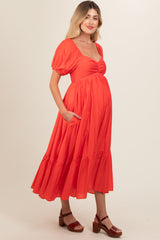 Red Front Ruched Smocked Puff Sleeve Maternity Dress