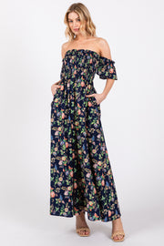 Navy Blue Floral Off Shoulder Dress