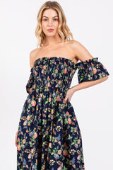 Navy Blue Floral Off Shoulder Dress