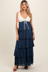 Navy Colorblock Crochet Tiered Maternity Maxi Dress