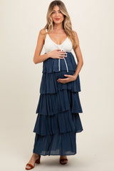 Navy Colorblock Crochet Tiered Maternity Maxi Dress