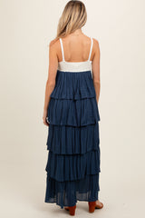 Navy Colorblock Crochet Tiered Maternity Maxi Dress