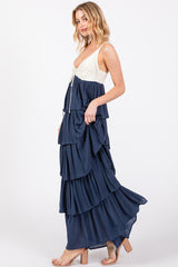 Navy Colorblock Crochet Tiered Maxi Dress