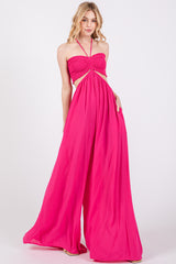 Fuchsia Smocked Drawstring Halter Side Cutout Maternity Jumpsuit