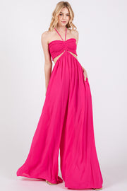 Fuchsia Smocked Drawstring Halter Side Cutout Jumpsuit