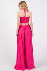 Fuchsia Smocked Drawstring Halter Side Cutout Jumpsuit