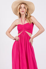 Fuchsia Smocked Drawstring Halter Side Cutout Jumpsuit