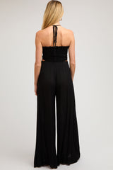 Black Smocked Drawstring Halter Side Cutout Maternity Jumpsuit