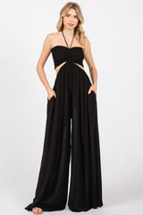 Black Smocked Drawstring Halter Side Cutout Maternity Jumpsuit